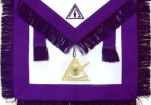 Masonic Past Thrice Illustrious Master PTIM Apron Hand Embroidered Features: Brand New Masonic Past Thrice Illustrious Master (PTIM) apron with flap (bib) Nicely Hand Embroidered with golden bullion and silk threads Apron made on white glossy satin Size 14 inch high x 16 inch wide (excluding fringe) Purple polyester grosgrain ribbon border 2 inch wide on apron and 1.5 inch wide on flap 1.5 inch wide purple rayon fringe around apron and flap Same ribbon side tabs with same fringe tassels Matching purple fine polyester fabric lining on back with glove pocket Matching purple polyester 40 inch long adjustable waist belt with golden metal snake fastener and adjuster (perfect for waist line of up to 54 inch)