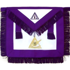 Masonic Past Thrice Illustrious Master PTIM Apron Hand Embroidered Features: Brand New Masonic Past Thrice Illustrious Master (PTIM) apron with flap (bib) Nicely Hand Embroidered with golden bullion and silk threads Apron made on white glossy satin Size 14 inch high x 16 inch wide (excluding fringe) Purple polyester grosgrain ribbon border 2 inch wide on apron and 1.5 inch wide on flap 1.5 inch wide purple rayon fringe around apron and flap Same ribbon side tabs with same fringe tassels Matching purple fine polyester fabric lining on back with glove pocket Matching purple polyester 40 inch long adjustable waist belt with golden metal snake fastener and adjuster (perfect for waist line of up to 54 inch)