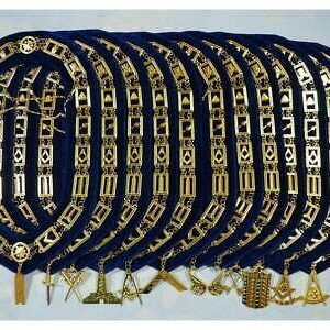 MASONIC Regalia Blue Lodge Chain Collar With Officers Jewels GOLDEN 12 Pcs Set