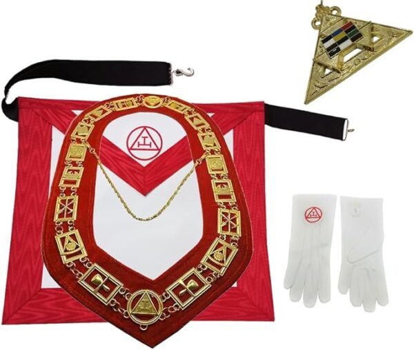 Masonic regalia Royal Arch synthetic Leather Apron set machine embroidered.Apron chain collar gloves jewel, Red, 14 x 16